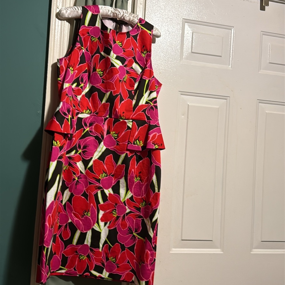 KATE SPADE Sz 14 RIO SLEEVELESS PEPLUM DRESS SHEATH Floral TROPICAL RED/PINK. - Picture 13 of 16